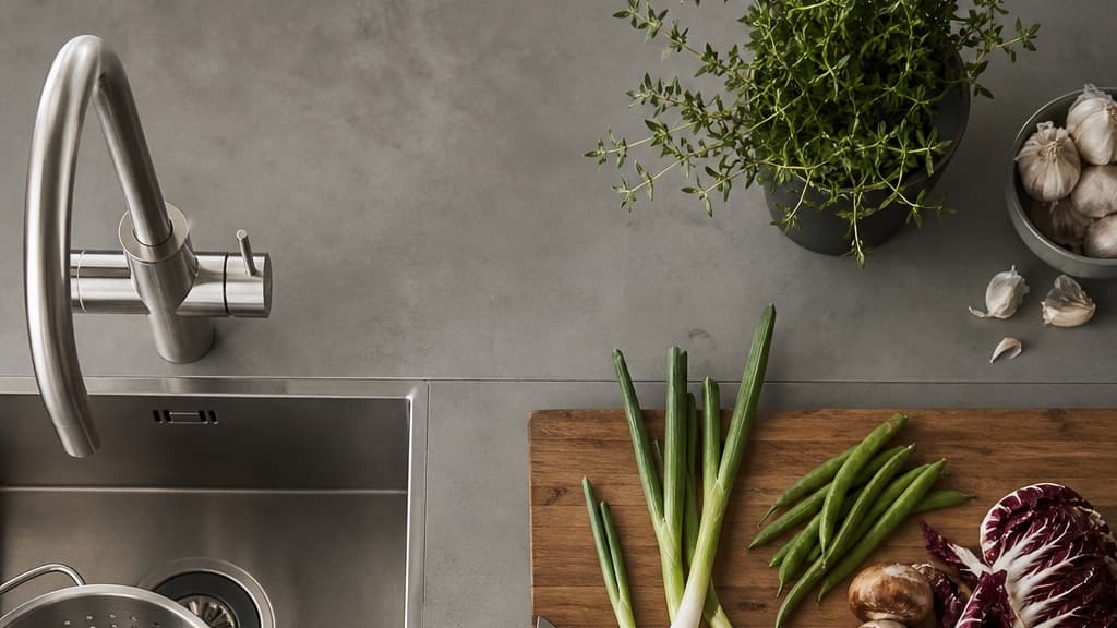 Franke Mythos Water Hub 6-in-1 tap over a steel sink in a chef's prep kitchen, seen from above