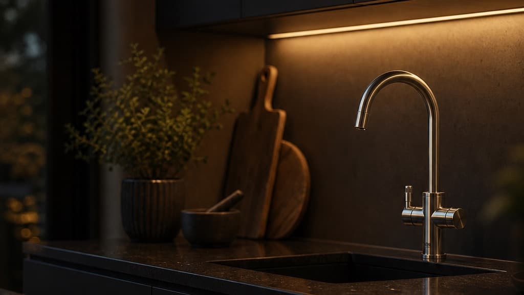 Qettle Signature Modern 4L boiling water tap under warm lighting in a dark designer kitchen