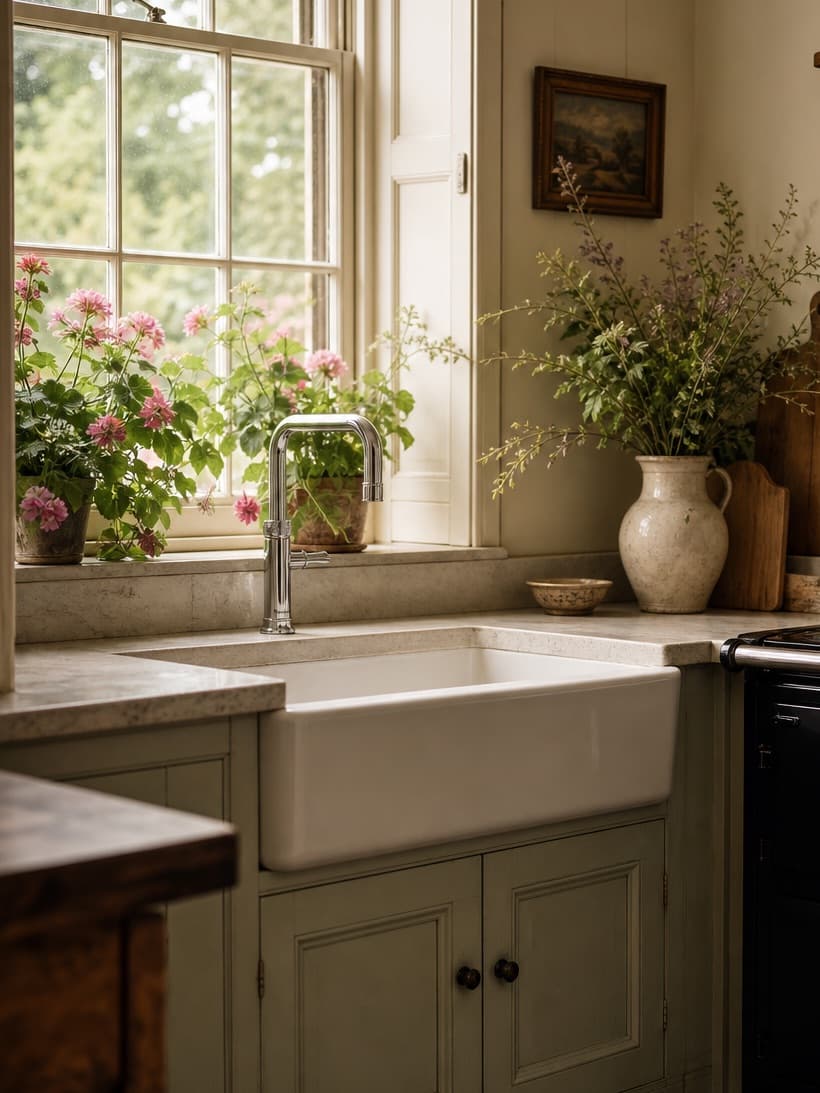 Quooker Classic Fusion Square boiling water tap over a butler sink in a country-house kitchen