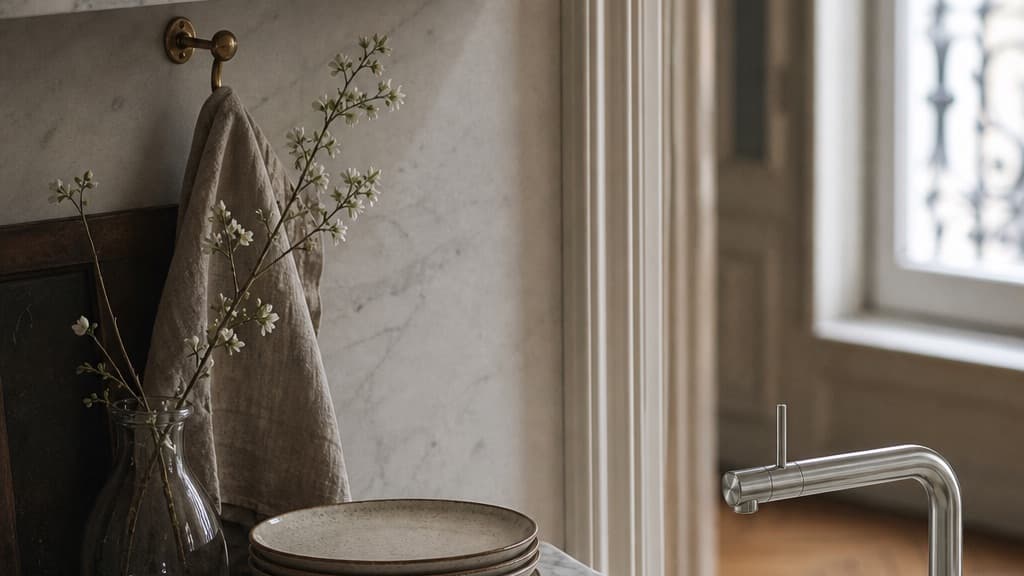 Quooker Front boiling water tap in a Parisian apartment kitchen with marble walls